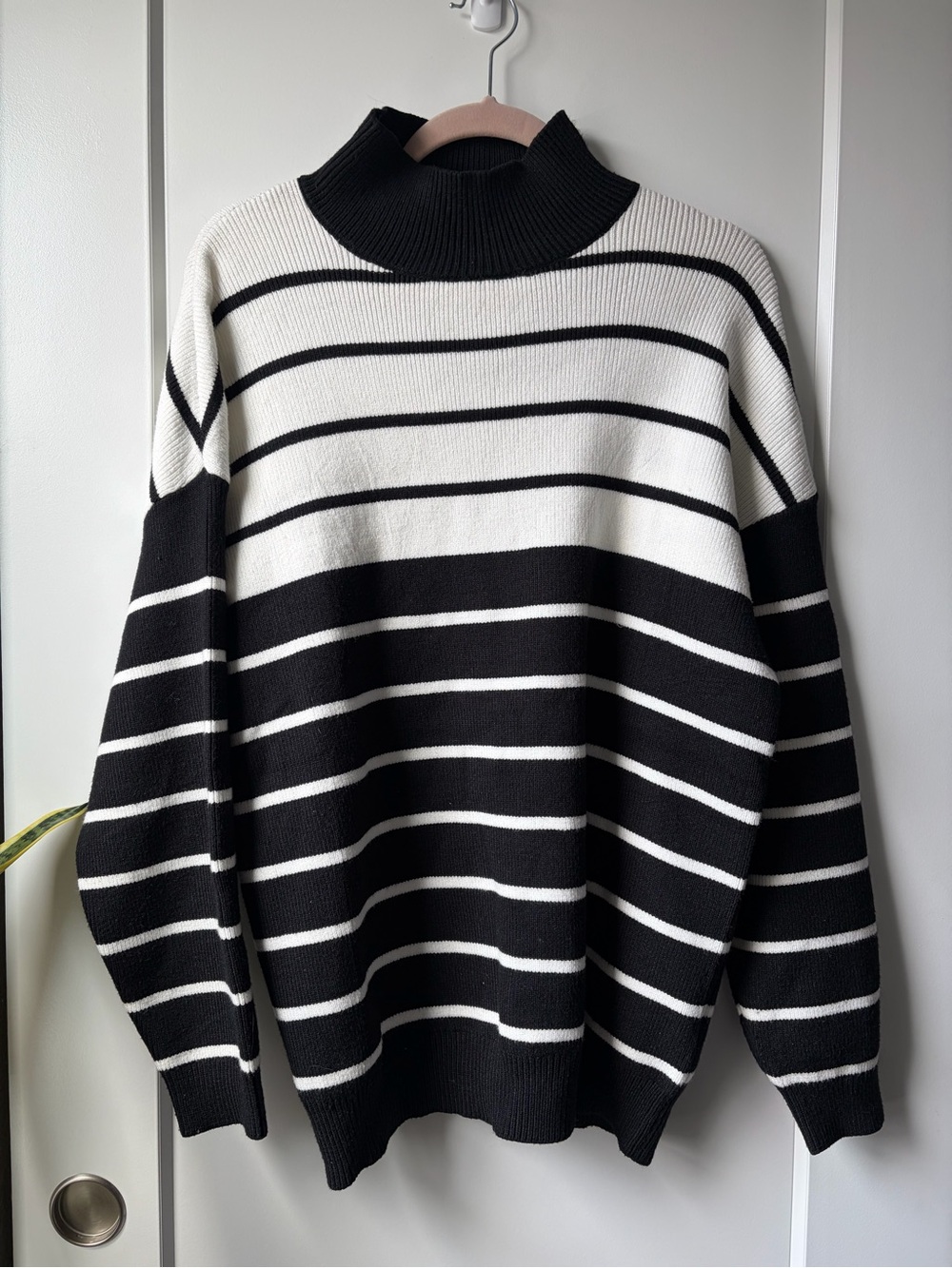 Women's Black & White Striped Turtleneck Sweater